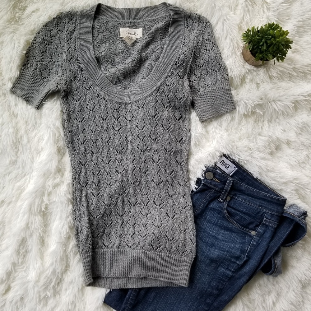 FOSSIL | Grey Crochet Short Sleeve Sweater
